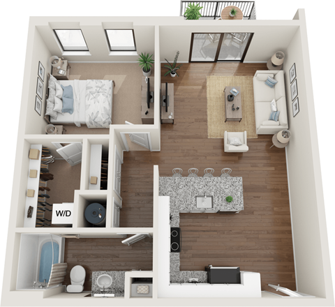 Floor plan for 1 bed, 1 bath, 849 sqft